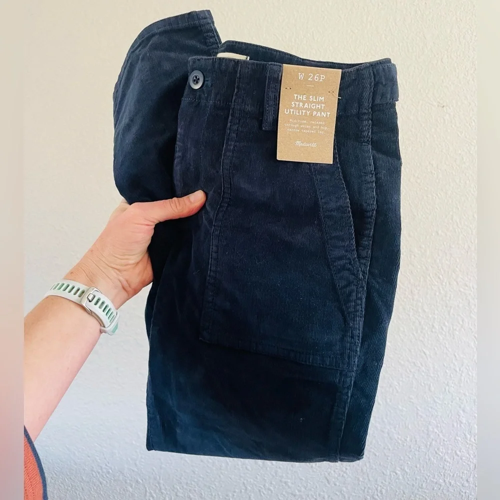 Madewell The Petite Slim Straight Trouser Pant in Garment Dye Navy Corduroy NWT
